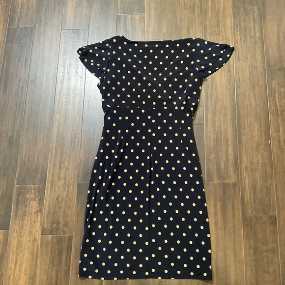 Lauren Ralph Lauren Sheath Dress Size 16 Navy Polka Dot Ruched Stretch Faux Wrap - Picture 3 of 6